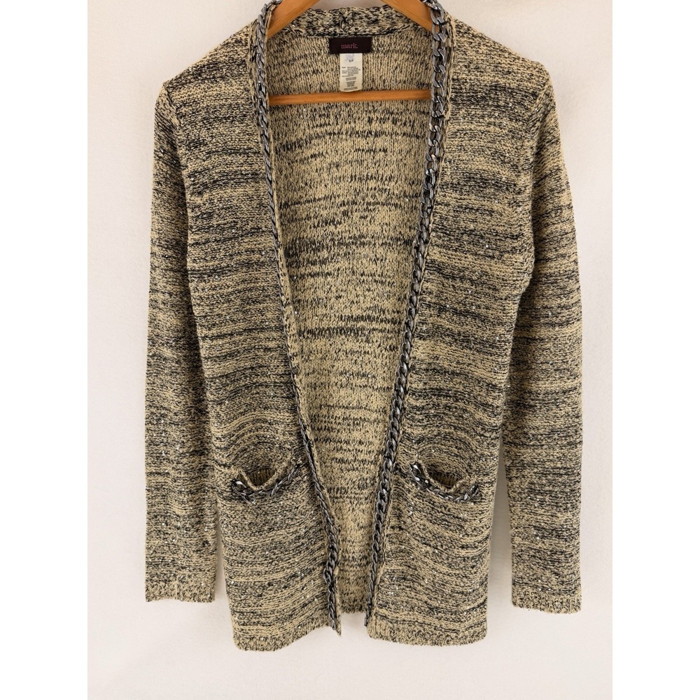 Cardigan mark Avon Women Small Open Front Chain Trim Metallic Knit Sweater